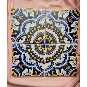 4 Mexican Talavera Blue and Gold Pattern Tiles Decor Coasters Mexico